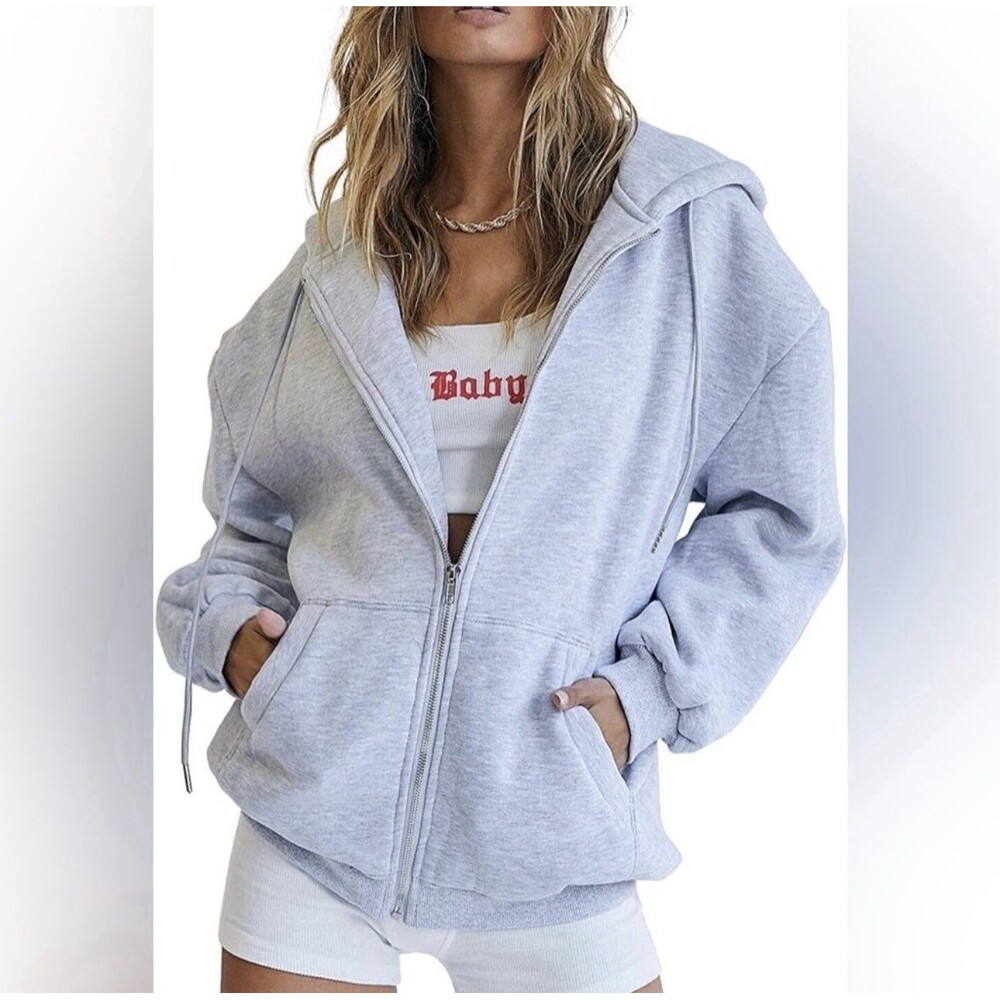 EFAN Y2K Women’s Oversized Zip Up Hoodie Gray Soft Full Zip Sweatshirt Size M